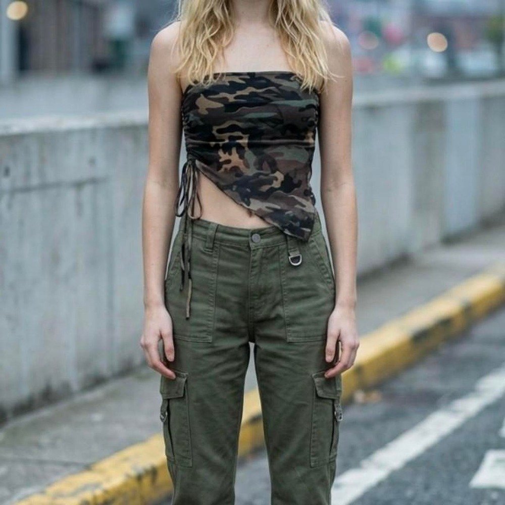 See You Monday Camo Tube Crop Top Green Khaki Asymmetrical Medium
